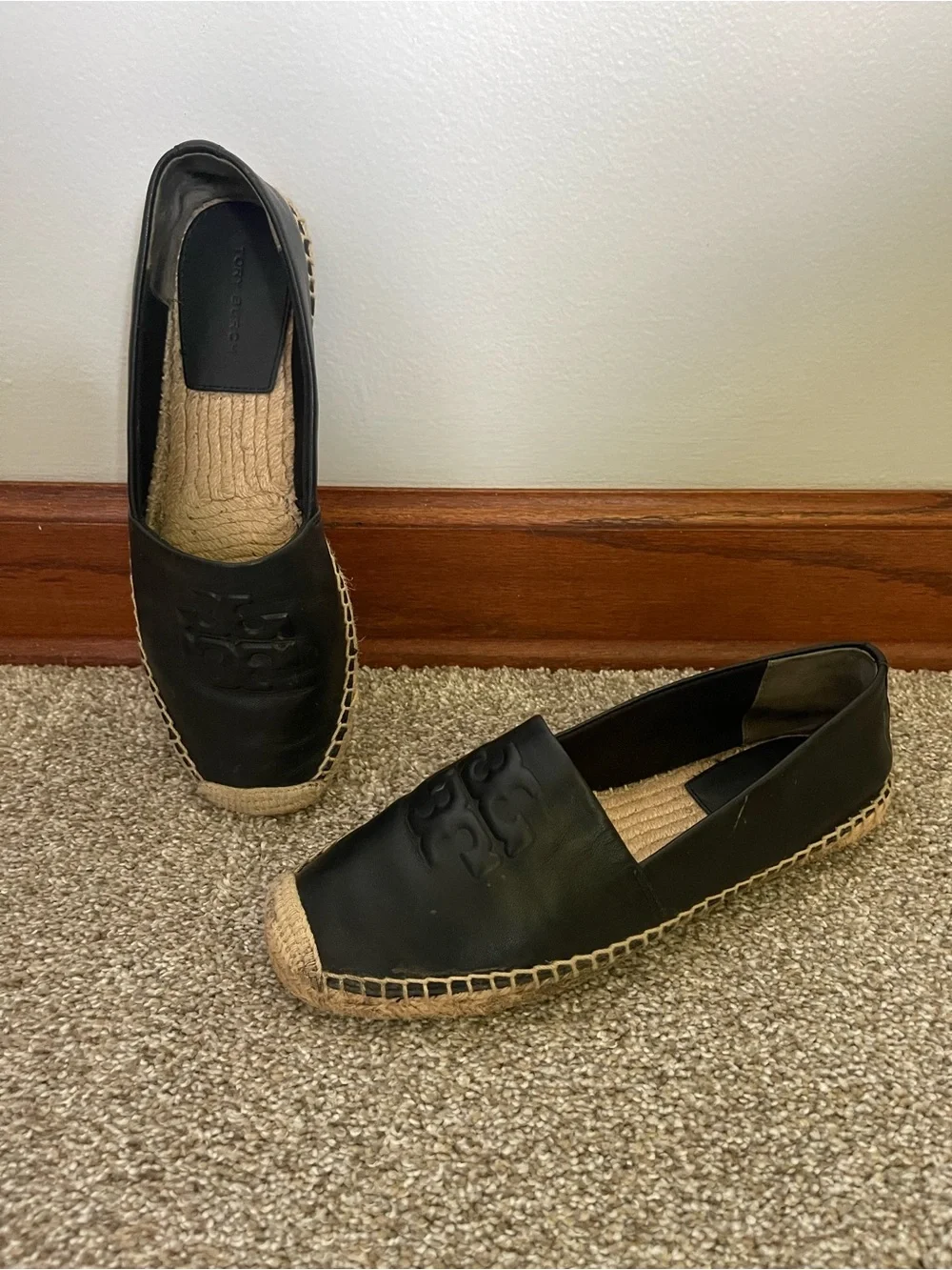 Tory Burch Black Leather Espadrille Slip-On Flats
